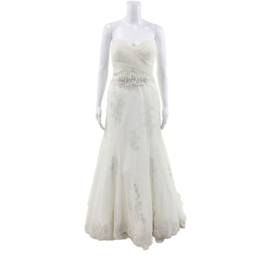 Wtoo Womens Strapless Tulle Lace Overlay Sweetheart Wedding Dress White Size 8